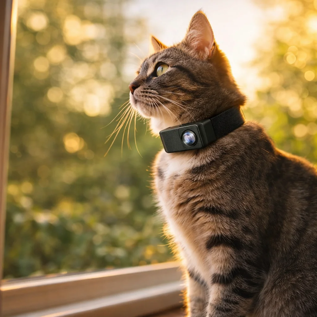 Snoutview cat collar camera worn by a tabby cat on a windowsill - best cat collar camera 2024