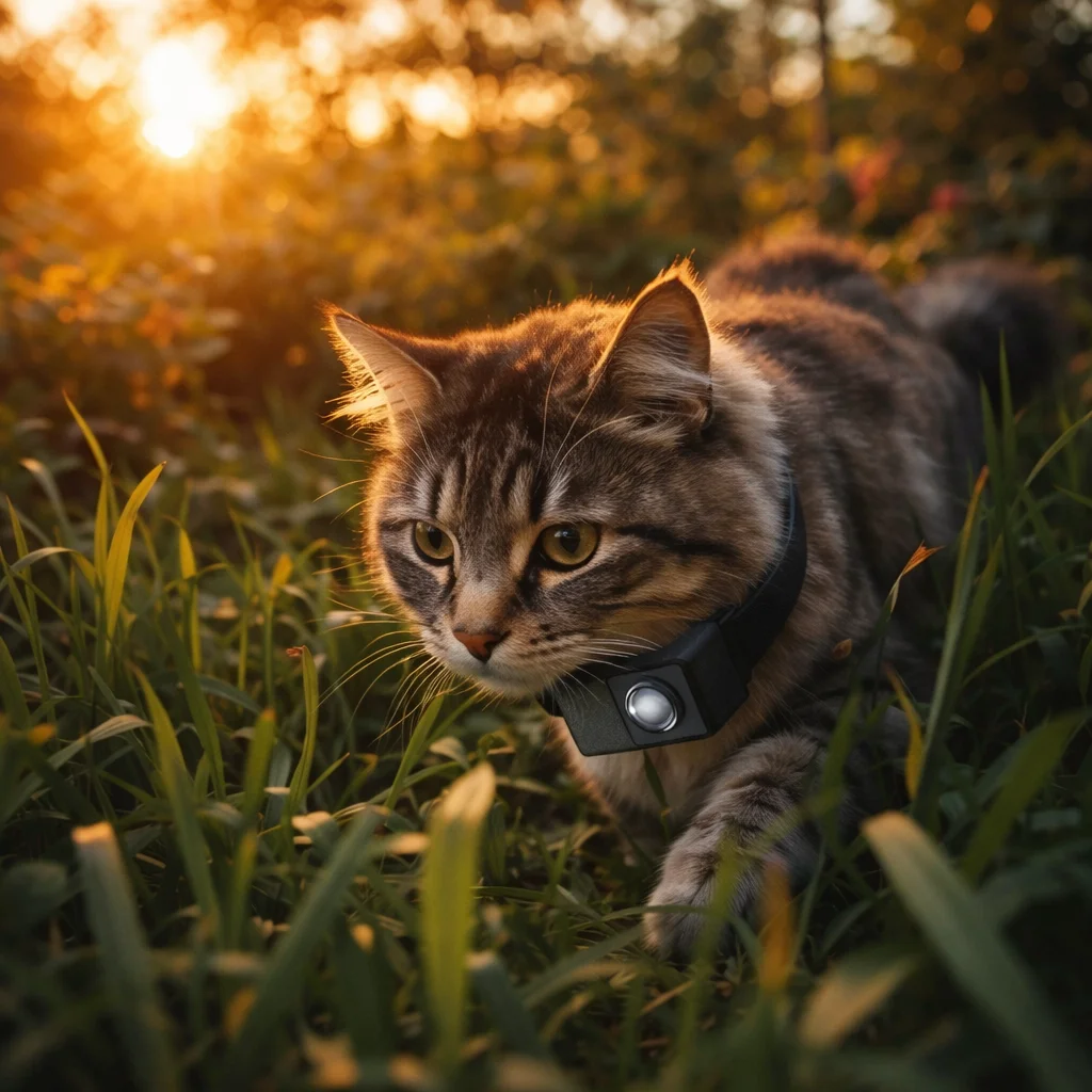 Cat wearing Snoutview collar camera exploring outdoors - cat collar camera with night vision capability