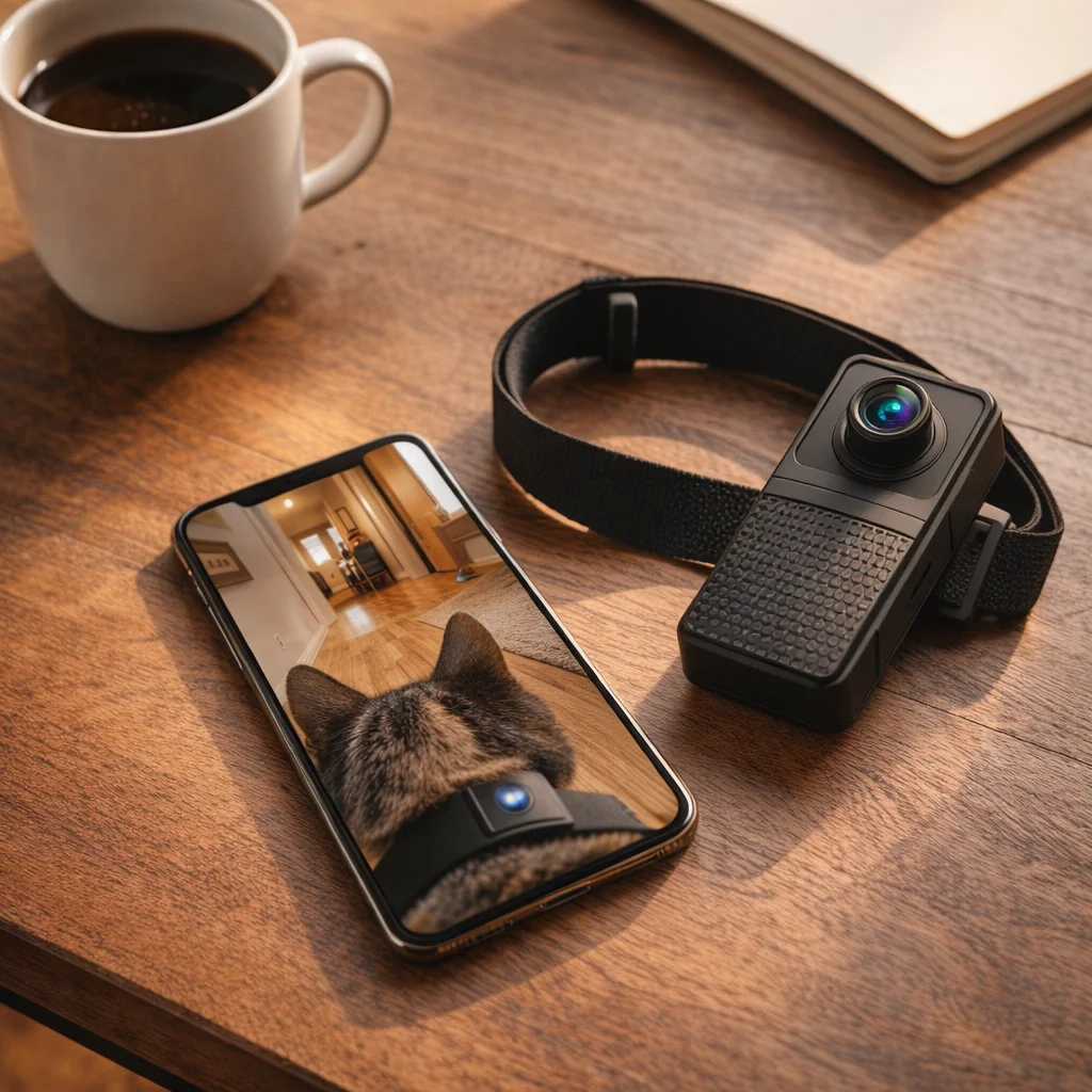 Reviewing Snoutview cat collar camera footage on a smartphone app